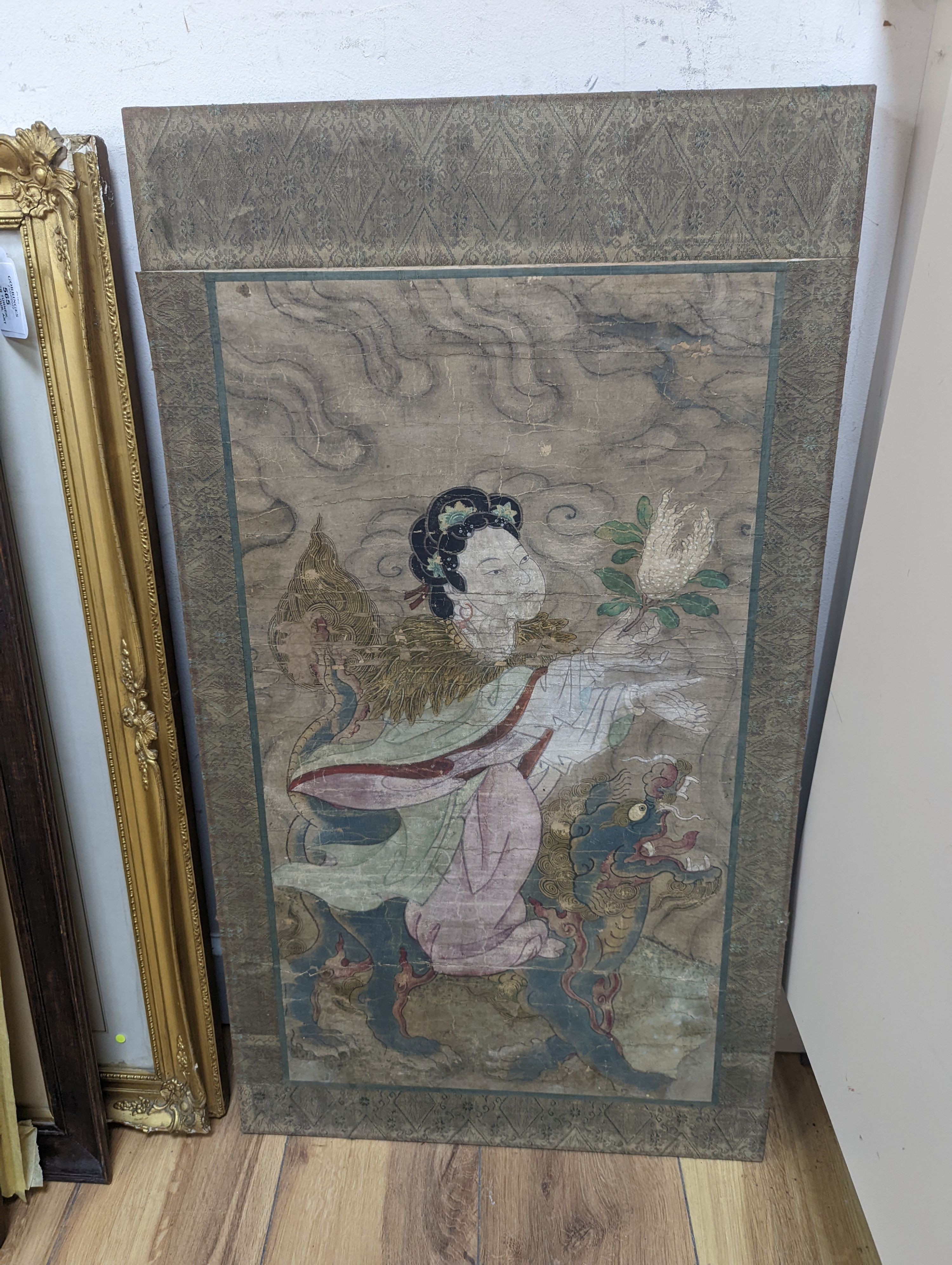 Four paintings in the Ming style with mythical beasts, 43cms x 76cms high.